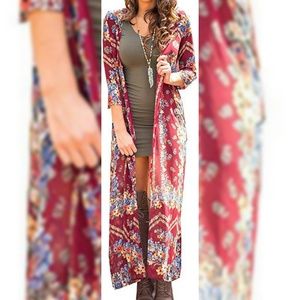Red floral kimono duster